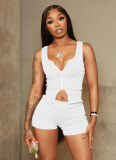 Sexy Sports Sleeveless Zipper Vest Top Tight Shorts Two-Piece Set