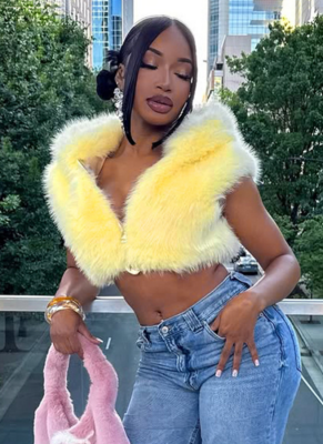 Fashion Solid Color Fur Zipper Hooded Sleeveless Belly-Baring Top Short Jacket