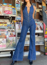 Fashionable Sleeveless Backless High Waist Flared Denim Jumpsuit