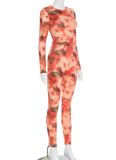 Autumn Round Neck Floral Print Long Sleeve Top Slim Fit Trousers Two-Piece Set