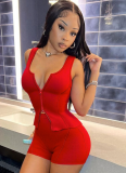 Sexy Sports Sleeveless Zipper Vest Top Tight Shorts Two-Piece Set
