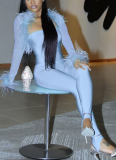 New Fur Collar Mesh Long-sleeved Shawl Tube Top Tight Jumpsuit Two-piece Suit