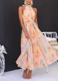Resort-Style Sleeveless Printed Backless Oversized Dress