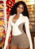 Stand-Up Collar Contrast Color Stitching Long-Sleeved Zipper Cardigan Twist Shorts Two-Piece Set