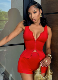 Sexy Sports Sleeveless Zipper Vest Top Tight Shorts Two-Piece Set