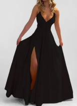 Fashion Solid Color Suspenders Sexy Slim Fit Slit Dress