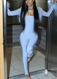 New Fur Collar Mesh Long-sleeved Shawl Tube Top Tight Jumpsuit Two-piece Suit