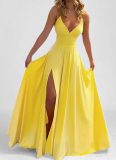 Fashion Solid Color Suspenders Sexy Slim Fit Slit Dress