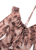 Leopard Print Off-The-Shoulder Ruffled Tie-Dress With Flared Long Sleeves