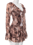 Leopard Print Off-The-Shoulder Ruffled Tie-Dress With Flared Long Sleeves