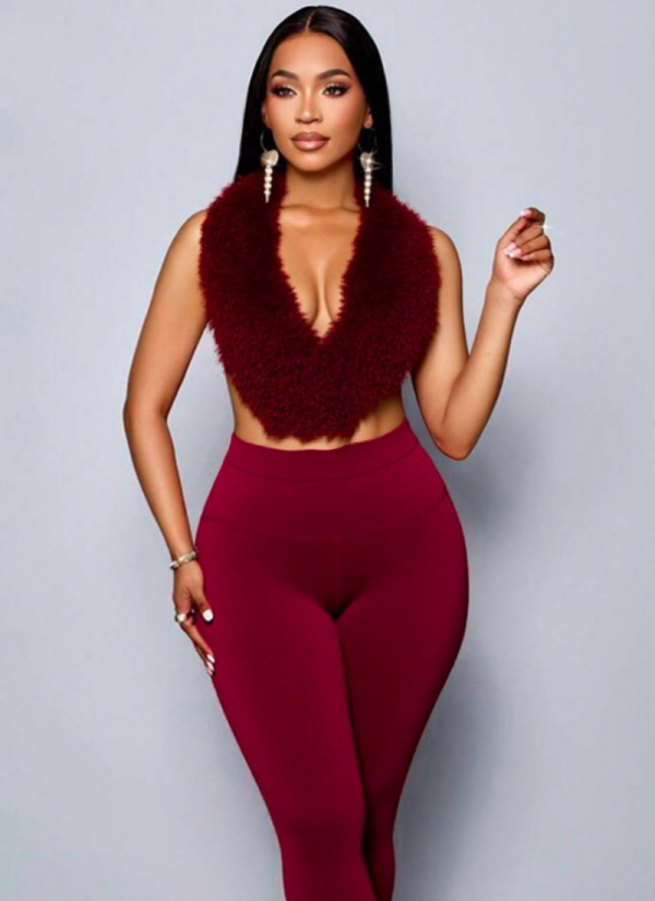 Furry Backless Bodysuit And Pants Two-Piece Set