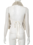 Sexy Fur Halterneck V-Neck Open-Back Sleeveless Drawstring Cropped Top