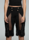 High-Waisted Metal Buckle See-Through Mesh Yarn Splicing Straight Casual Shorts