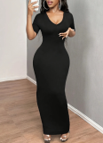 Fashionable Sexy Short-Sleeved V-Neck Hip-Wrapped Solid Color Dress For Women