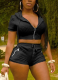 Solid Color Hooded Zip Short Sleeve Two Piece