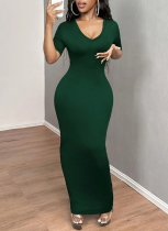 Fashionable Sexy Short-Sleeved V-Neck Hip-Wrapped Solid Color Dress For Women