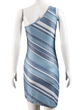 Sexy Striped Print Sleeveless Irregular Dress With Oblique Neck