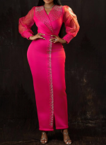 Fashionable Hot Diamond Puff Sleeve Elastic V-neck Maxi Dress