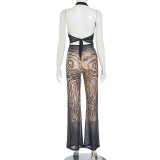Brown Casual Print Patchwork O Neck Sleeveless Two Pieces