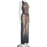 Brown Casual Print Patchwork O Neck Sleeveless Two Pieces