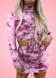 Navel-Revealing Drawstring Long-Sleeved Top And Short Skirt Two-Piece Set