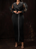 Fashionable Hot Diamond Puff Sleeve Elastic V-neck Maxi Dress