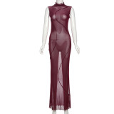 Burgundy Sexy Solid Color See-Through O Neck Long Dresses