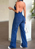 New Slim Sleeveless Fashion Street Retro Style Backless Denim Jumpsuit