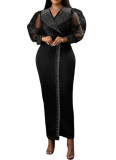Fashionable Hot Diamond Puff Sleeve Elastic V-neck Maxi Dress