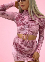 Navel-Revealing Drawstring Long-Sleeved Top And Short Skirt Two-Piece Set