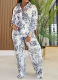 Casual Print Buckle Turndown Collar Long Sleeve Two Pieces