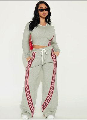 Fashionable Casual Long-Sleeved Top With Side Stripes And Sports-Style Trousers Two-Piece Set