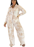 Casual Print Buckle Turndown Collar Long Sleeve Two Pieces