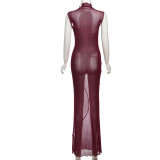 Burgundy Sexy Solid Color See-Through O Neck Long Dresses