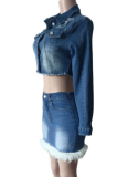 New Denim Stretch Long-Sleeved Denim Fashionable Feather Splicing Short Skirt Two-Piece Suit