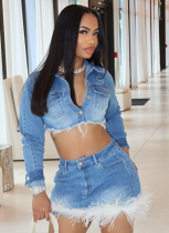 New Denim Stretch Long-Sleeved Denim Fashionable Feather Splicing Short Skirt Two-Piece Suit