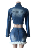 New Denim Stretch Long-Sleeved Denim Fashionable Feather Splicing Short Skirt Two-Piece Suit