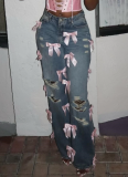 Blue Spice Bow Washed Ripped Denim Pants