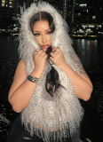 Furry Deep V Halter Neck Open Back Tie Hooded Top