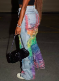 Fashionable Gradient Washed and Distressed Loose Denim Trousers