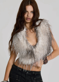 Furry Deep V Halter Neck Open Back Tie Hooded Top