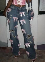 Blue Spice Bow Washed Ripped Denim Pants