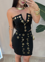 Sexy Solid Color Patchwork Strapless Sleeveless Two Pieces