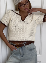 Fashion Retro Literary Color Block Lapel Knitted Hollow Top