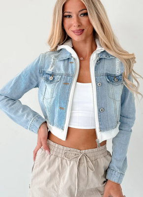 Fashionable Women'S Autumn Denim Patchwork Hooded Jacket