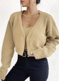 Sexy Short Sweater Jacket With Suspenders, Soft Navel-Baring Sweater Jacket, Two-Piece Set