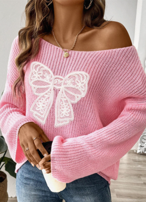 Bow Embroidered Round Neck Sweater with Slightly Flared Sleeves