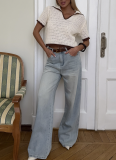 Fashion Retro Literary Color Block Lapel Knitted Hollow Top