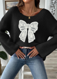 Bow Embroidered Round Neck Sweater with Slightly Flared Sleeves