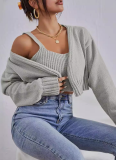 Sexy Short Sweater Jacket With Suspenders, Soft Navel-Baring Sweater Jacket, Two-Piece Set